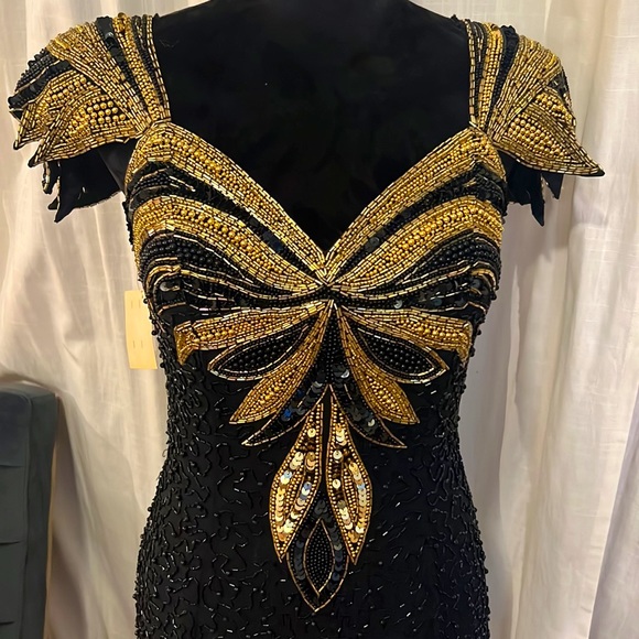 BLACK TIE black & gold beaded formal gown vintage womens dress zipper back NWT 8 - Picture 8 of 17